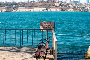 Explore the serene beauty of Istanbul with a view of the Bosphorus from a quiet waterfront seating area.