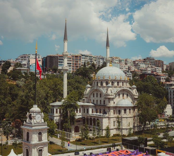 A stunning view of a mosque in Istanbul with minarets against a clear blue sky, capturing traditional architecture.
