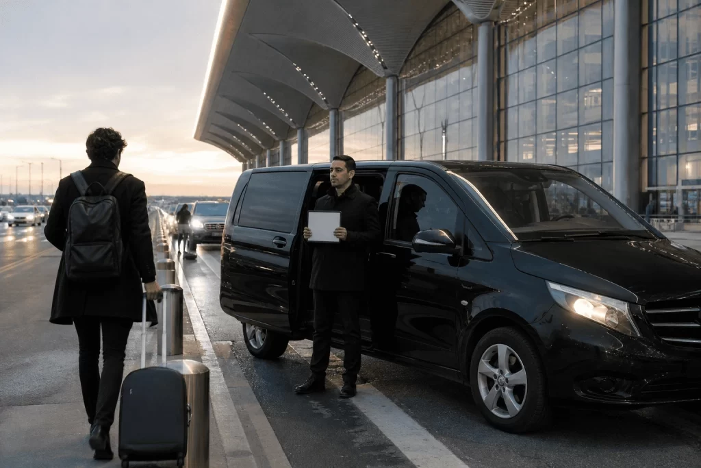 Istanbul airport transfer private Mercedes van at IST arrivals curb