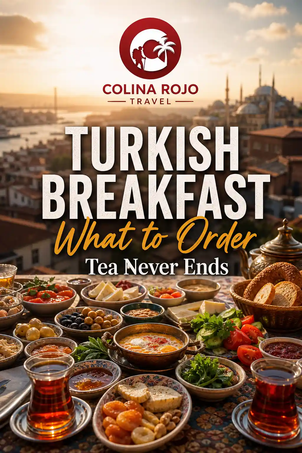turkish breakfast Colina serpme spread with tea and Bosphorus glow