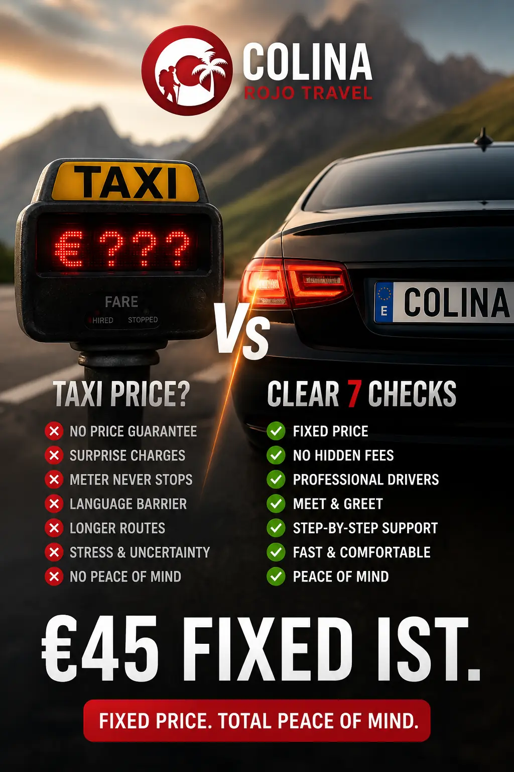 istanbul airport taxi price Colina Clear 7 meter vs fixed €45 cover