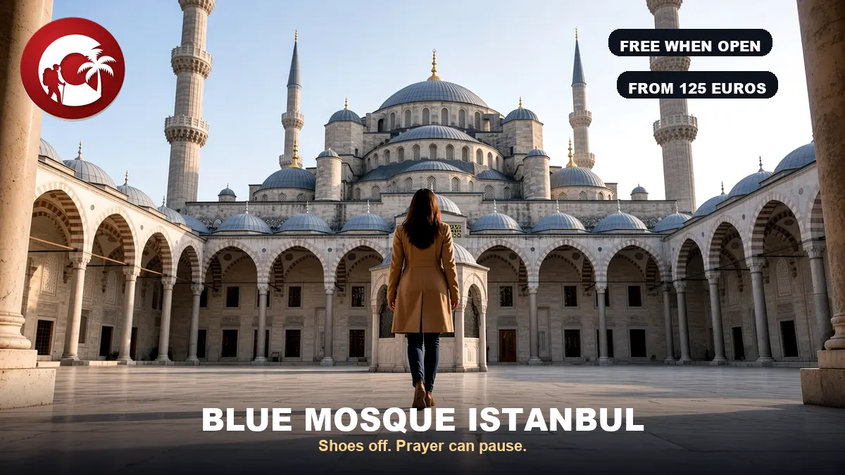Blue Mosque Istanbul courtyard walk toward the cascading domes