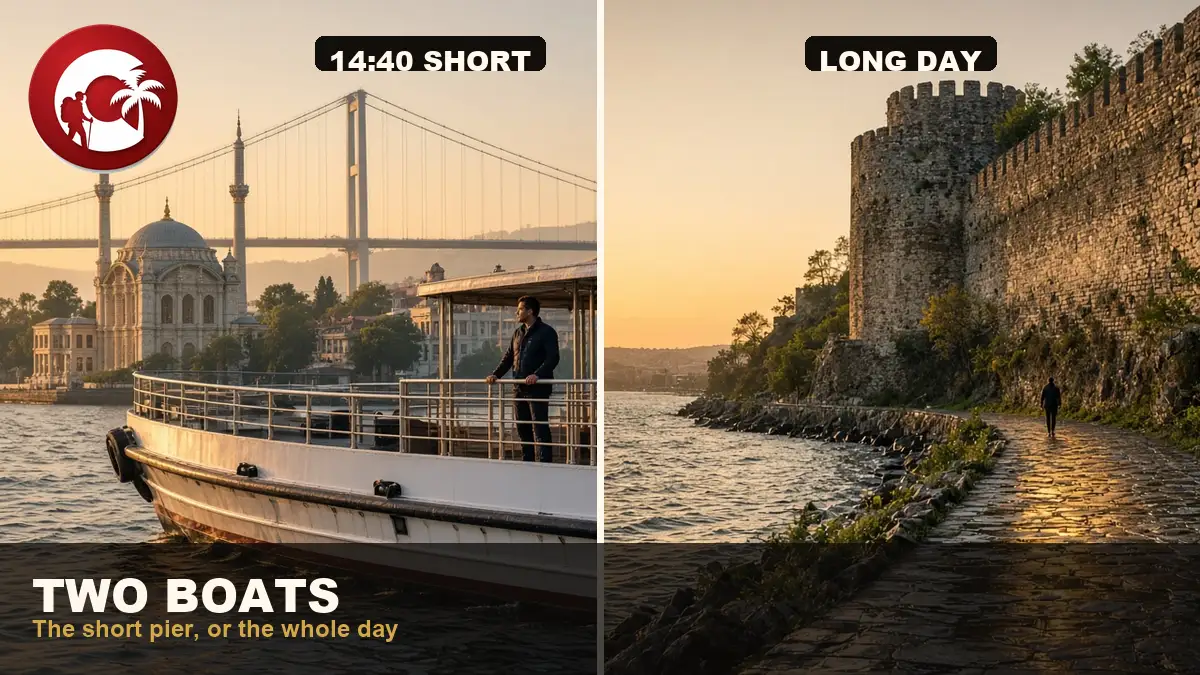 Bosphorus cruise at sunset, ferry deck, Ortakoy mosque and the bridge