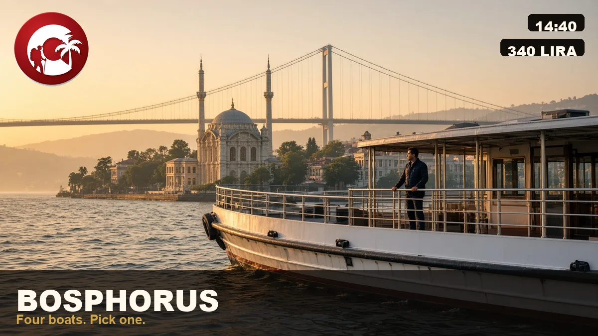 Bosphorus cruise at sunset, ferry deck, Ortakoy mosque and the bridge