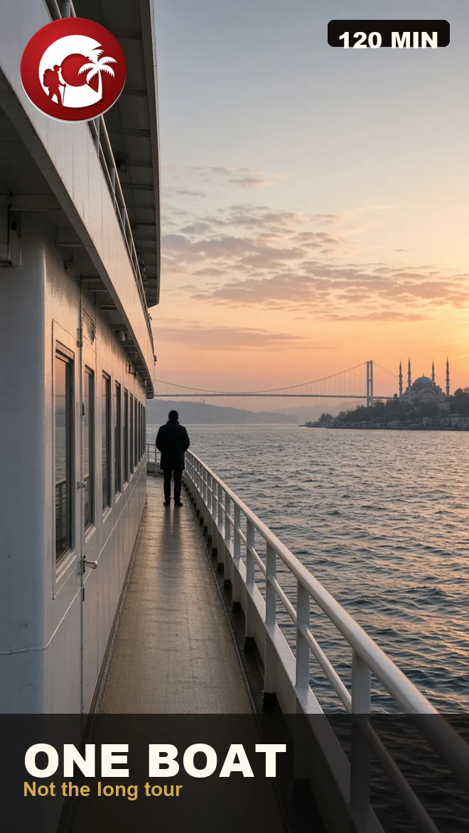 Bosphorus cruise at sunset, ferry deck, Ortakoy mosque and the bridge