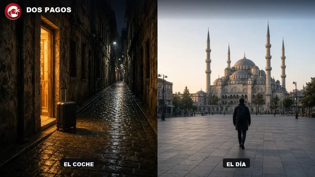 Cuánto cuesta viajar a Estambul, viajero con maleta frente a la Mezquita Azul