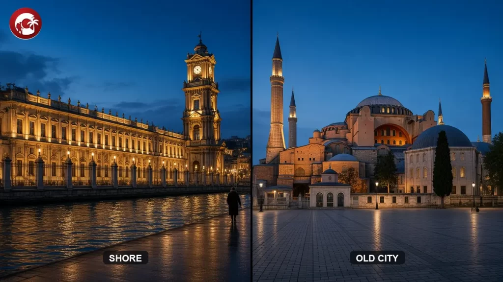 dolmabahce palace at blue hour on the Besiktas quay