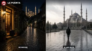 Dónde dormir en Estambul: puerta de hotel en Sultanahmet al amanecer, junto a la Mezquita Azul