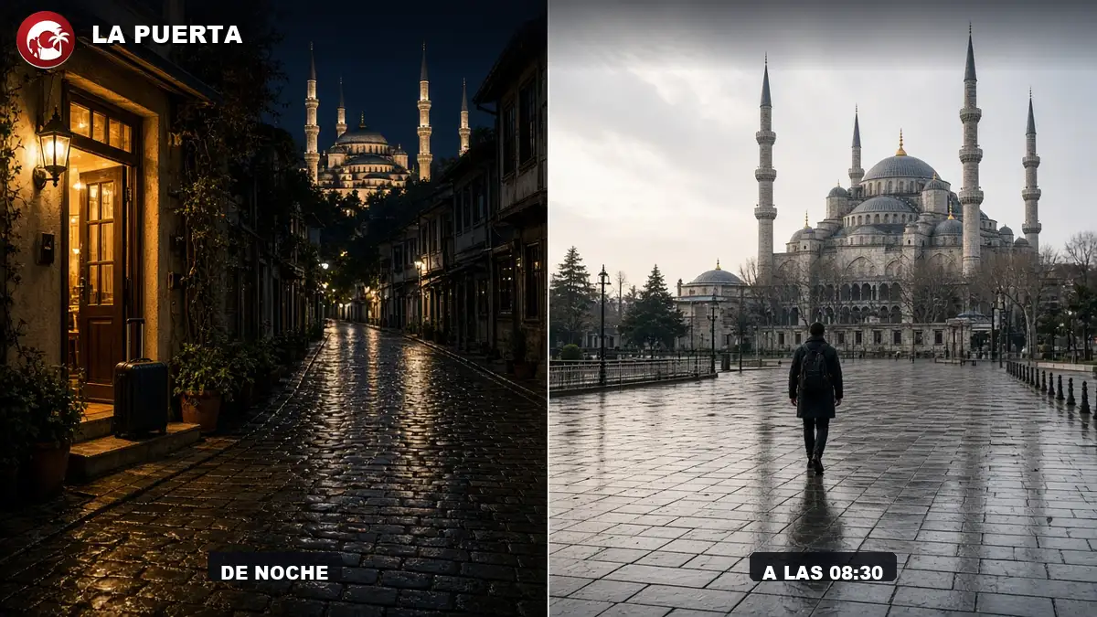 Dónde dormir en Estambul: puerta de hotel en Sultanahmet al amanecer, junto a la Mezquita Azul