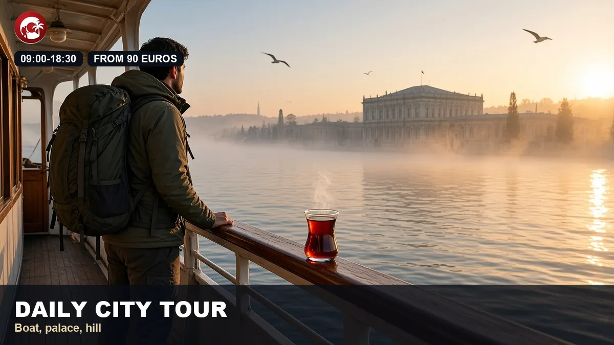 Istanbul daily city tour on the Bosphorus at sunrise, tea on the rail