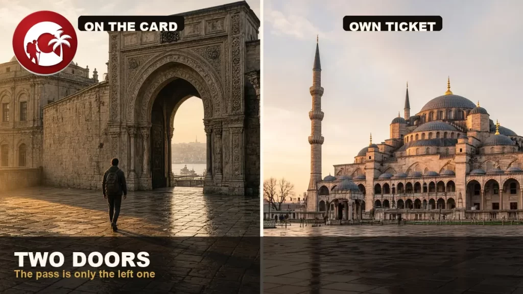 Istanbul Museum Pass at a stone museum gate in Istanbul at sunset