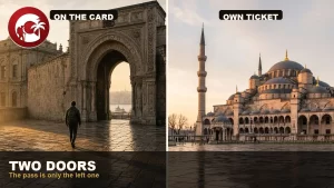 Istanbul Museum Pass at a stone museum gate in Istanbul at sunset
