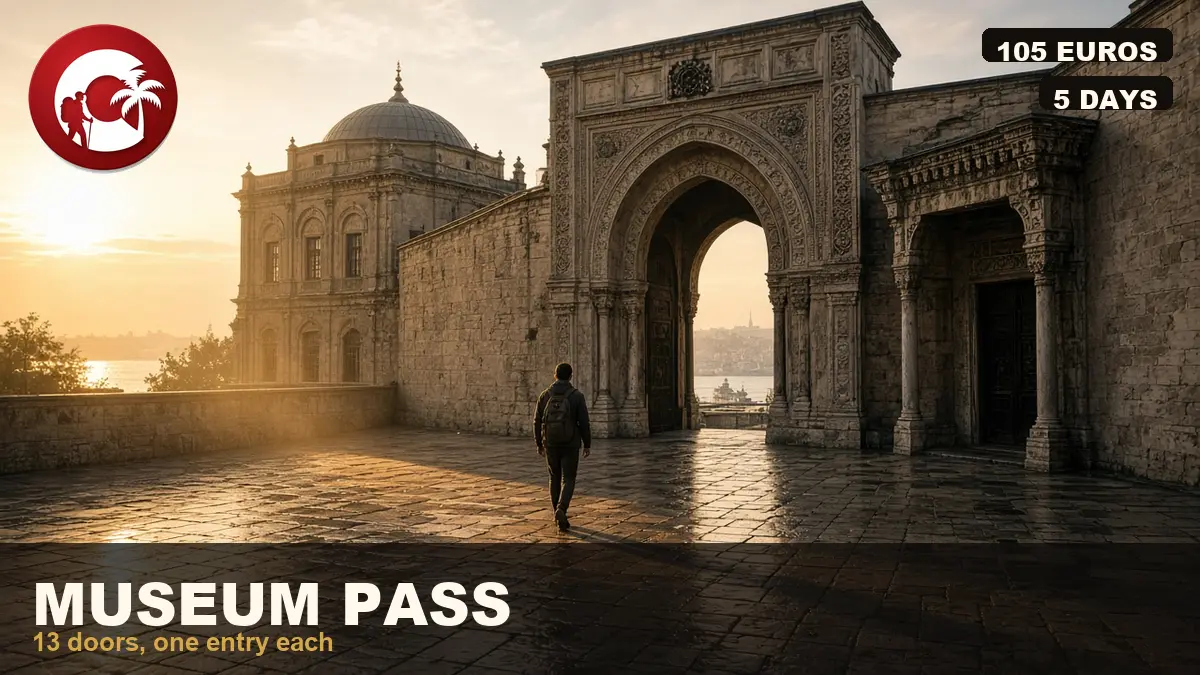 Istanbul Museum Pass at a stone museum gate in Istanbul at sunset
