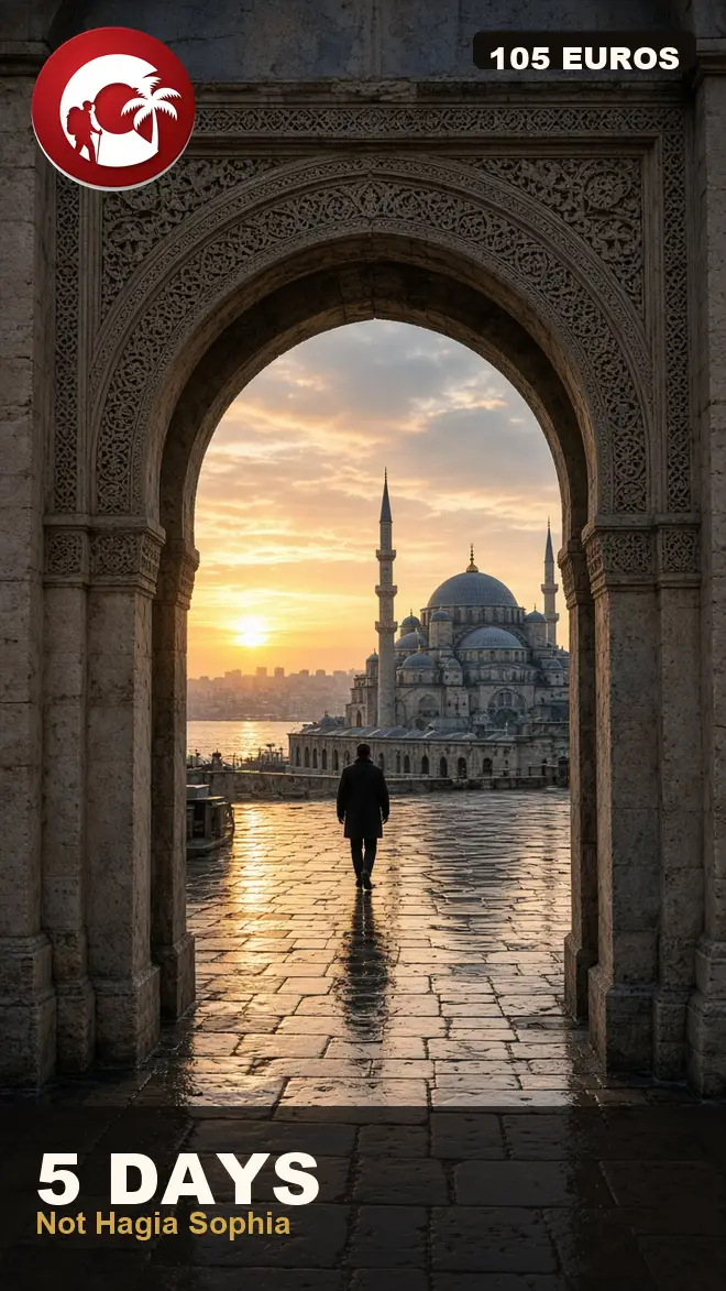 Istanbul Museum Pass at a stone museum gate in Istanbul at sunset