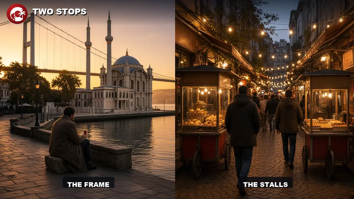 Ortakoy Istanbul quay at sunset, mosque and bridge behind one figure