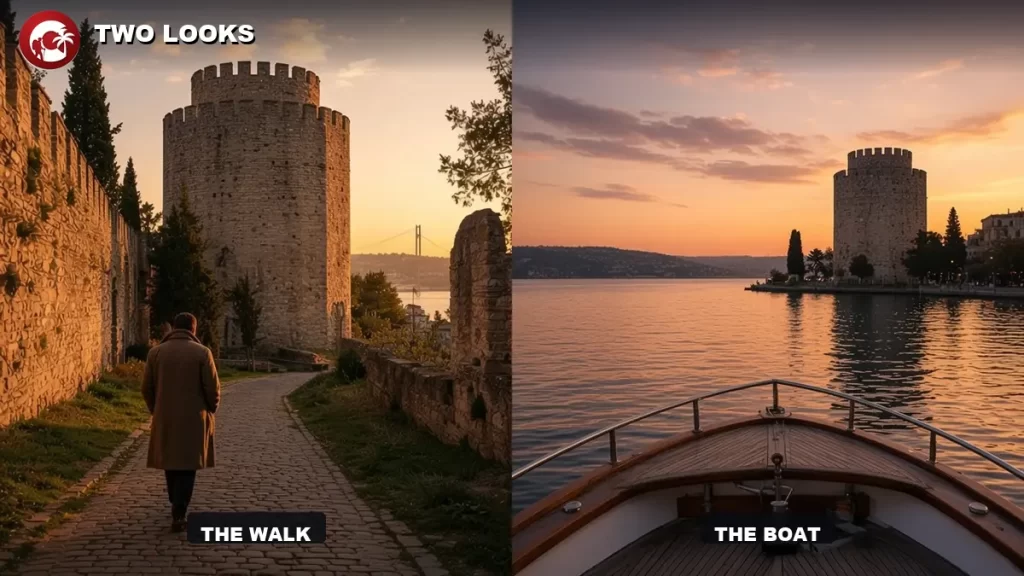 Rumeli Fortress tower at sunset, one figure walking to the gate