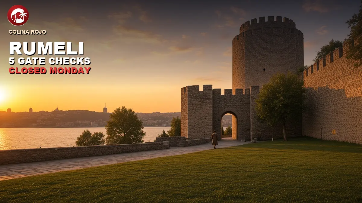 Rumeli Fortress tower at sunset, one figure walking to the gate