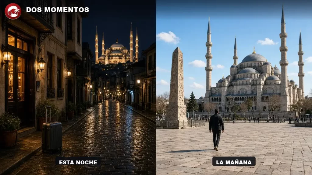 Traslado del aeropuerto de Estambul a Sultanahmet, viajero con maleta frente a la Mezquita Azul